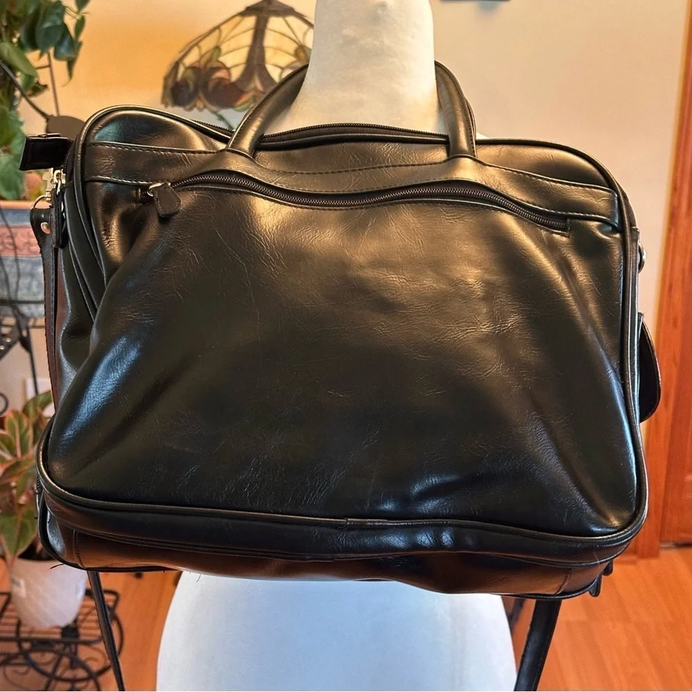 Black Vinyl Laptop Briefcase Business Tote Bag Multi Pocket Zip Work Bag